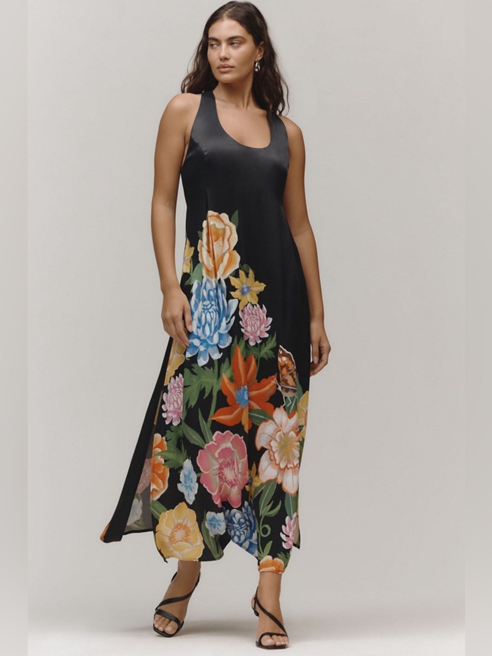 Anthropologie black floral linen blend maxi dress